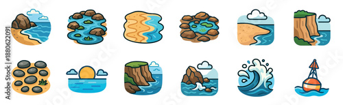 Set of twelve coastal landscape icons featuring beaches, cliffs, waves, and rocks in a cute cartoon illustration style with bold outlines for graphic design elements