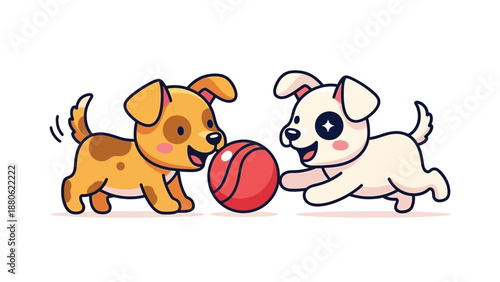 Adorable cartoon puppies happily playing together with a bright red ball illustration