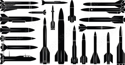 Missile silhouette, rocket types, military weapon, ballistic missile, air-to-air missile, cruise missile, defense icon, aerospace vector, warhead design, tactical rocket, black silhouette