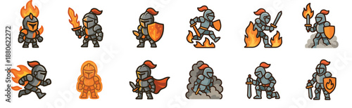 Fantasy knight character sprite sheet collection with twelve cartoon warriors in armor, holding fiery swords and shields in multiple action poses for game development