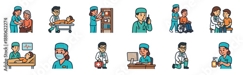 Set of medical and healthcare worker icons depicting doctors, nurses, and patients in various clinical situations like examinations, emergency care, and daily hospital routines