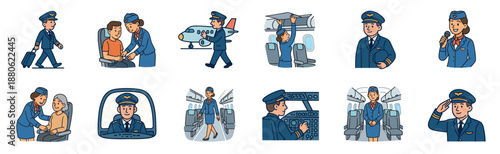 Collection of cartoon airline crew illustrations showing a pilot and flight attendant performing professional duties like flying, assisting passengers, and walking through the cabin
