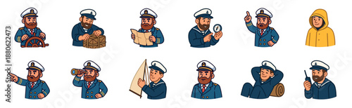 Collection of cartoon sailor and captain characters in various poses showing maritime professions and activities, including steering a ship, navigating with a map, and using a compass