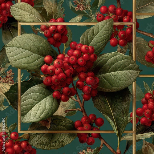 Vibrant Green Leaves and Red Berries Decorative Pattern Design