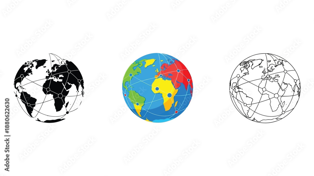 Fototapeta premium Three distinct stylized representations of global networks show connection across continents and digital infrastructure