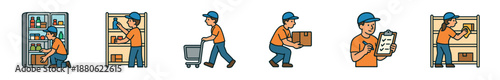 Set of worker character illustrations performing various retail and warehouse tasks like stocking shelves, lifting boxes, checking inventory, and cleaning in a simple cartoon style