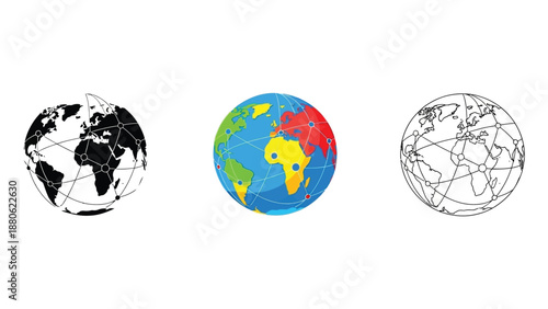 Three distinct stylized representations of global networks show connection across continents and digital infrastructure
