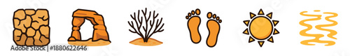 Set of six hand-drawn desert themed icons featuring cracked earth, a rock arch, a dry bush, footprints, the sun, and a heat haze mirage in a warm orange and yellow color palette