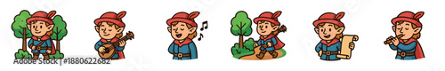 Set of six cartoon elf bard character illustrations in various poses, including playing a lute, singing, walking through a forest, reading a scroll, and playing a flute
