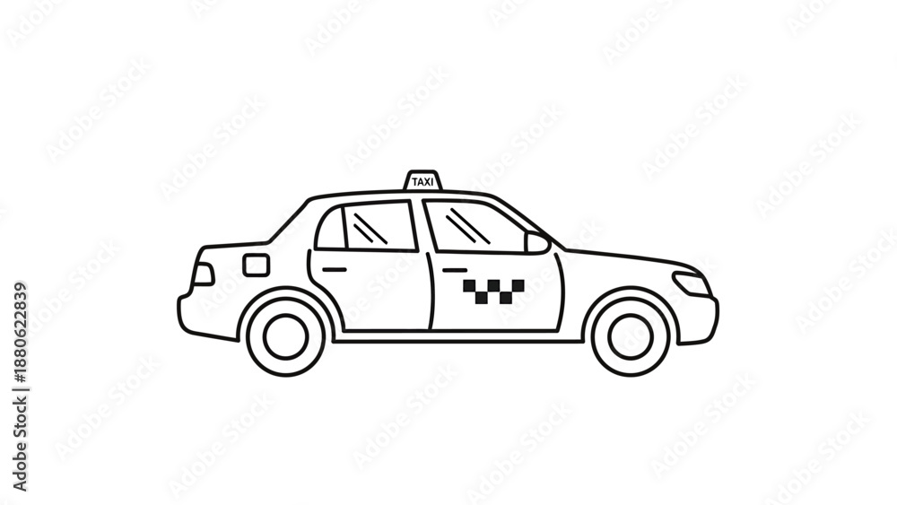 Fototapeta premium A simple black and white illustration of a taxi cab viewed from the side on a plain white background