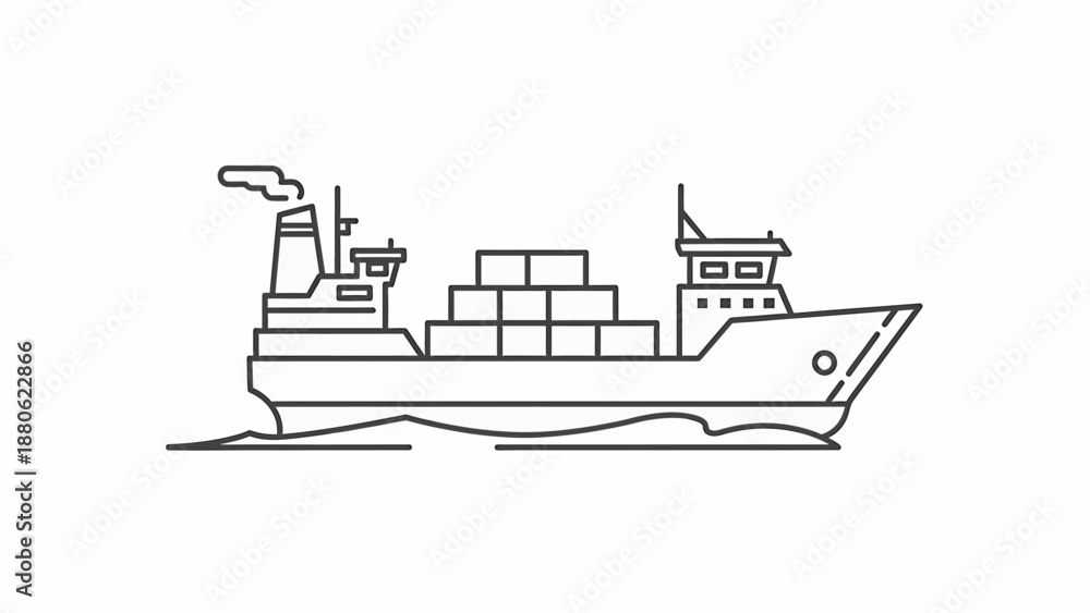 Naklejka premium A cargo ship sails across the ocean, carrying containers, viewed from the side in a simple line drawing style