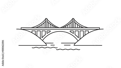 A detailed illustration of a bridge spanning across a body of water from a side viewpoint