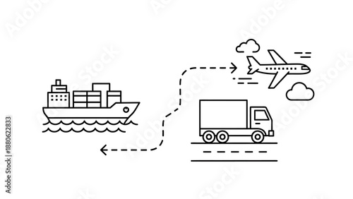 Cargo ship, truck, and airplane in transit, illustrating logistics and transportation network