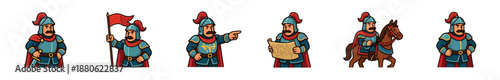 Cartoon medieval knight character sprite set showing various poses like holding a flag, reading a map, pointing, and riding a horse for a fantasy game or animation