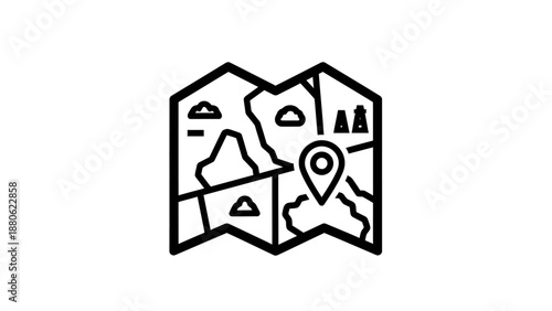A simple map illustration showing a location pin on a folded map with various geographical features outlined in a minimalist style from a top-down viewpoint