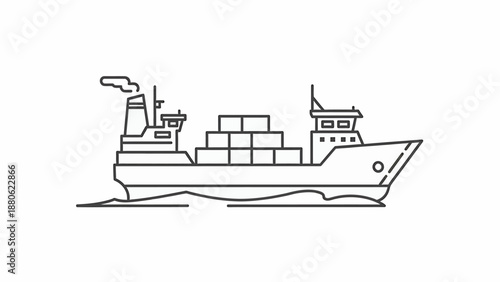 A cargo ship sails across the ocean, carrying containers, viewed from the side in a simple line drawing style