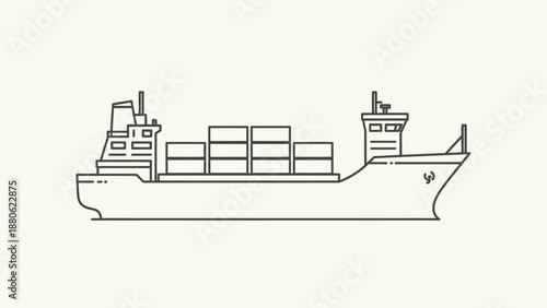 A cargo ship carrying containers is shown in a simple line drawing from a side viewpoint