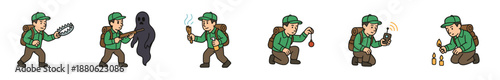 Set of cartoon ghost hunter illustrations showing a paranormal investigator character with a trap, rifle, sage, pendulum, EMF meter, and candles