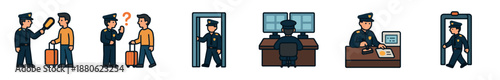Set of airport security and customs icons showing officers inspecting passengers, stamping passports, and using metal detectors in a simple flat cartoon illustration style