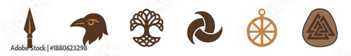 Collection of six ancient Norse symbols from pagan mythology, featuring a spearhead, raven, world tree, triskelion, sun wheel, and Valknut amulet in a flat illustration style