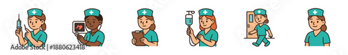 Set of diverse female nurse character illustrations in various medical poses like giving an injection, holding a clipboard, and using a stethoscope in a cute cartoon style