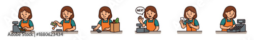 Set of six cartoon cashier illustrations showing a friendly female worker performing various checkout tasks like accepting cash, scanning groceries, and processing card payments