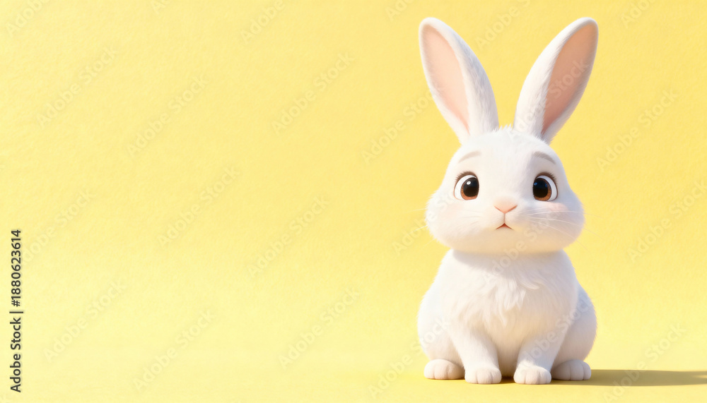 Fototapeta premium Cute white rabbit sitting on yellow background. Adorable fluffy bunny character for Easter holiday. Copy space for text