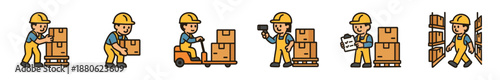 Warehouse worker cartoon character icon set showing a man in a hard hat performing logistics tasks like stacking boxes, driving a pallet jack, scanning parcels, and checking inventory