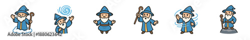 Set of six cute cartoon wizard characters with white beards in various poses, casting magic spells, holding a staff, and expressing different emotions in a simple hand-drawn style