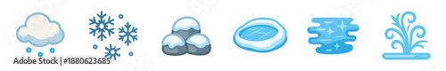 Set of six blue weather and water icons showing a rain cloud, snowflakes, snowy rocks, a frozen puddle, sparkling water, and a fountain in a flat cartoon vector style