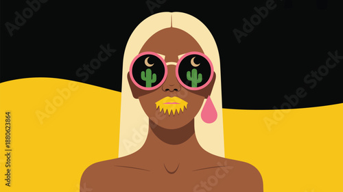 A stylized illustration shows a woman with blonde hair wearing pink sunglasses reflecting a desert landscape