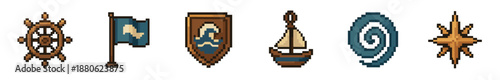 Set of six nautical pixel art icons featuring a ship's wheel, flag, shield, sailboat, whirlpool, and compass rose in a retro 8-bit style for a video game or fantasy adventure