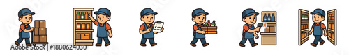 Warehouse worker character illustration set showing various logistics and inventory management tasks like stocking shelves, scanning barcodes, and moving boxes in a friendly cartoon style