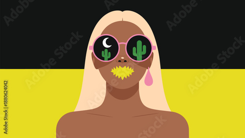 A stylized illustration shows a woman with blonde hair wearing pink sunglasses reflecting a desert landscape