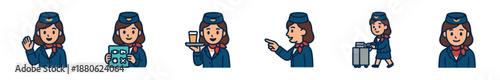 Set of friendly flight attendant character illustrations showing various job duties like serving drinks, giving safety instructions, and waving