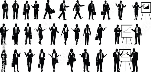 Business people silhouettes set showing office workers presenting charts walking talking teamwork leadership corporate communication illustration vector collection