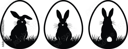 Three easter bunny silhouettes in egg shapes