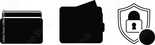 Black and white security icons with lock and shield