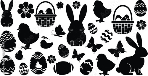Easter themed black silhouettes on white background