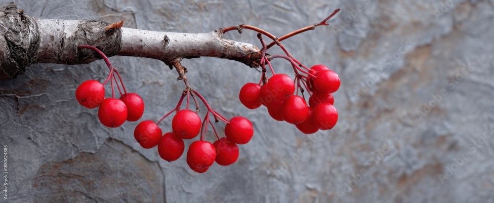 Fototapeta premium Crimson berries brightly contrast with rough gray bark embodying strength in elegance