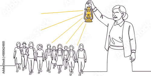 Continuous line leader woman holding lantern guiding diverse women forward symbol of leadership and mentorship