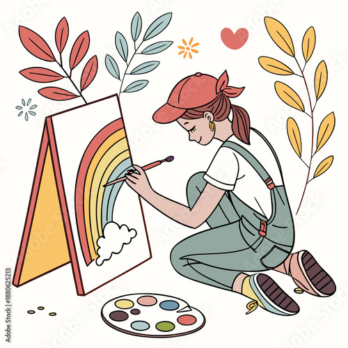 Young female artist painting on a canvas, colorful creative studio scene in a flat vector illustration style, hobby and professional art concept.