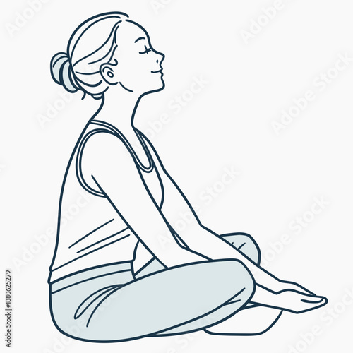 Woman doing yoga meditation pose in a calm and peaceful vector illustration, mindfulness and mental health wellness concept.