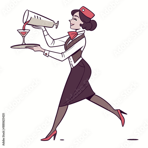 Stylish female bartender expertly serving a drink in a chic bar setting, representing mixology and vibrant nightlife with vector art.