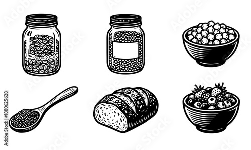 Black and white set of healthy breakfast ingredients and grains.