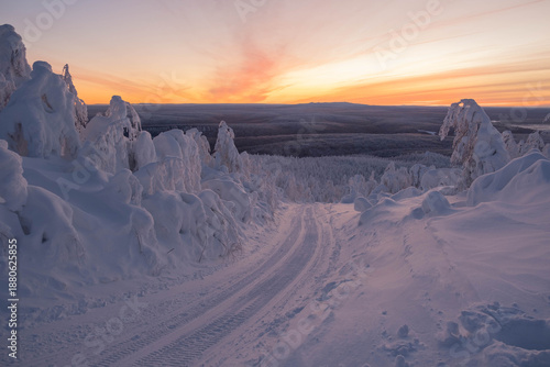 winter mountain road on sunrise