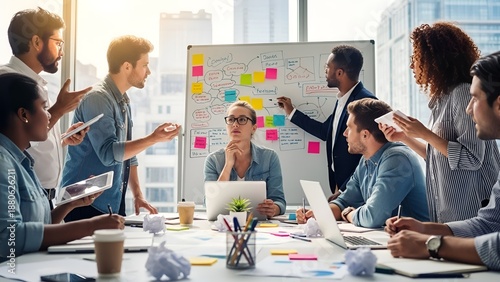 Diverse business team brainstorming new ideas in a modern office meeting.