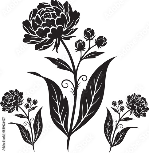 Floral vector with three blooming flowers, detailed leaves, and swirling stems in black and white
