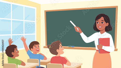 Friendly female teacher instructs young pupils attentively raising their hands during a school class