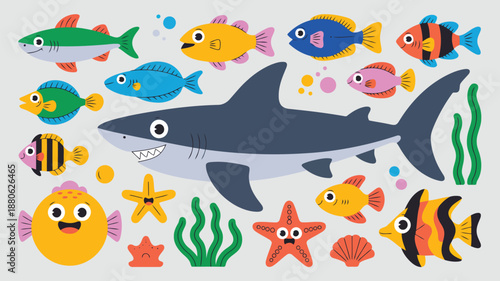 Fun cartoon shark and colorful marine life creatures including fish and starfish swimming